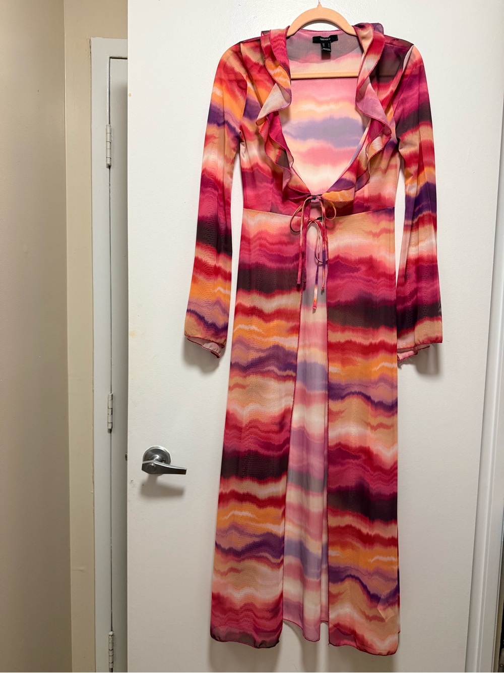 Forever 21 Long Ruffle Wrap Dress in Pink, Purple and Orange Waves